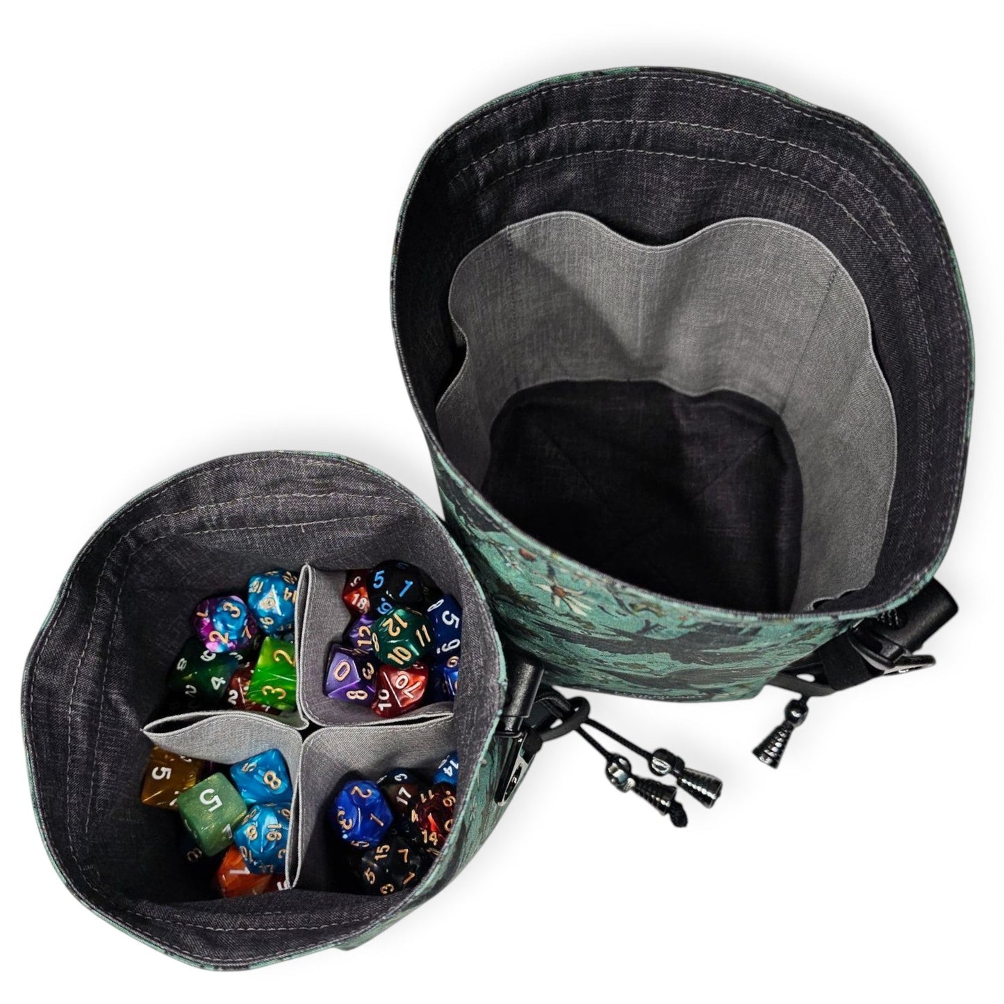 Legendary Wares Ravenflight dice bag with flying raven design on green background, drawstring closure, padded interior.
