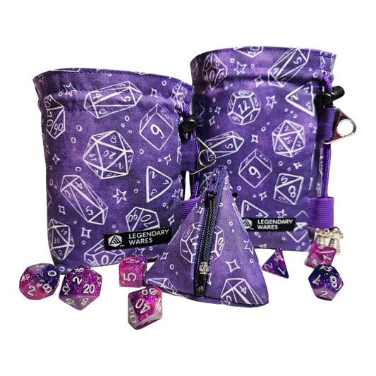 Dice Bags with Pockets - Purple and White Dice