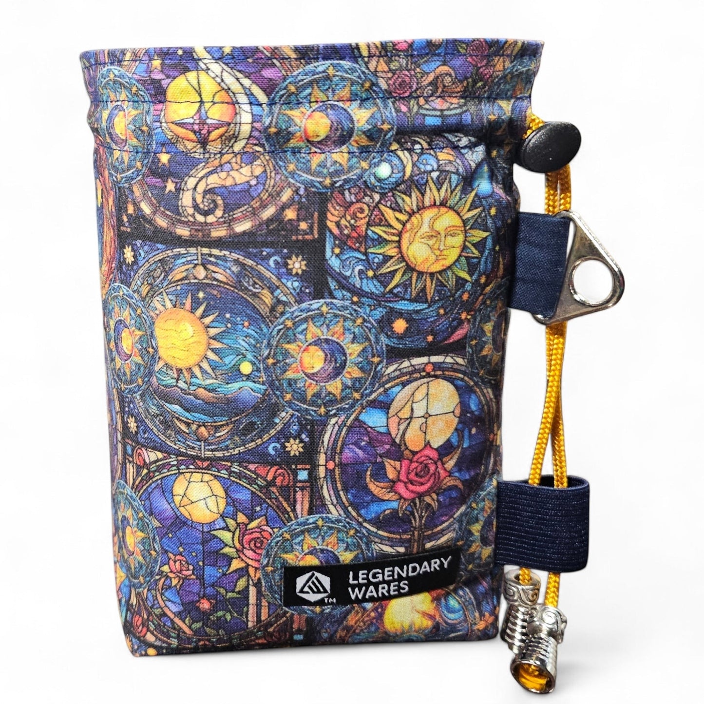 Legendary Wares celestial sun and moon stained glass dice bag with drawstring closure and yellow cord.
