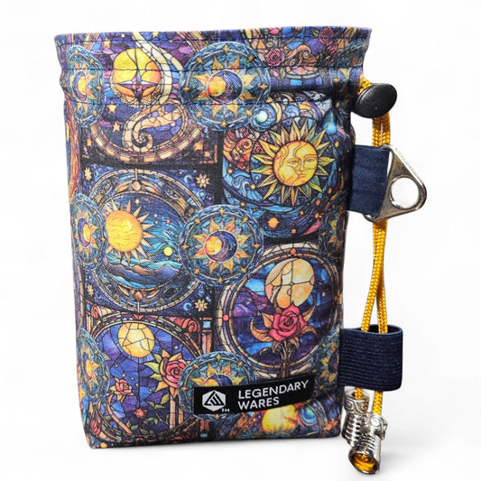 Legendary Wares celestial sun and moon stained glass dice bag with drawstring closure and yellow cord.