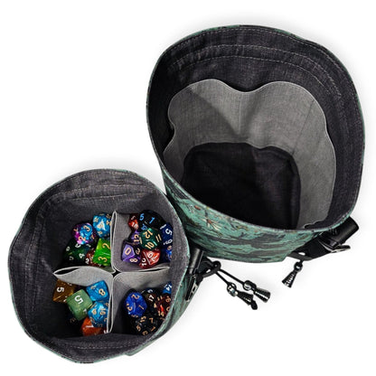 Legendary Wares Ravenflight dice bag with flying raven design on green background, drawstring closure, padded interior.