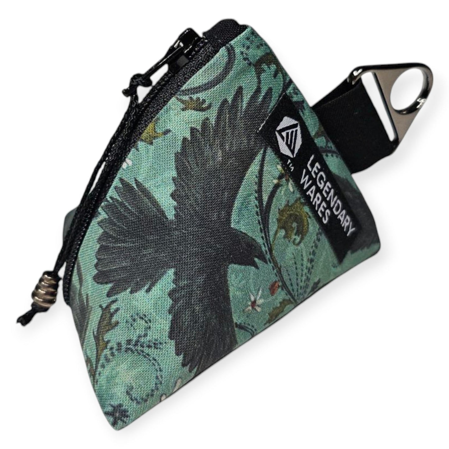 Legendary Wares Ravenflight dice bag with a black raven design on a teal background, featuring a drawstring closure.
