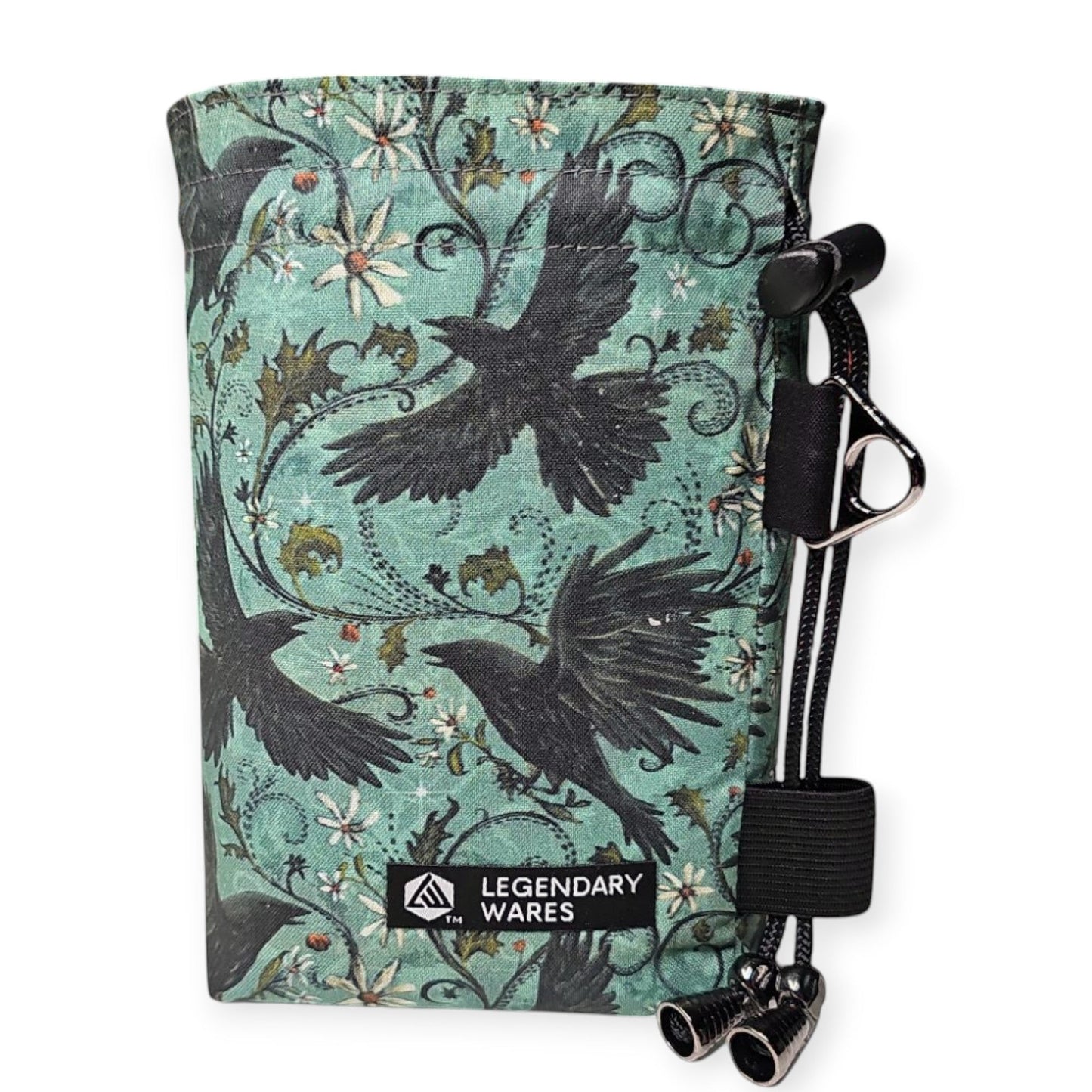 Legendary Wares Ravenflight dice bag with flying ravens and floral pattern on a teal background. Features drawstring closure.